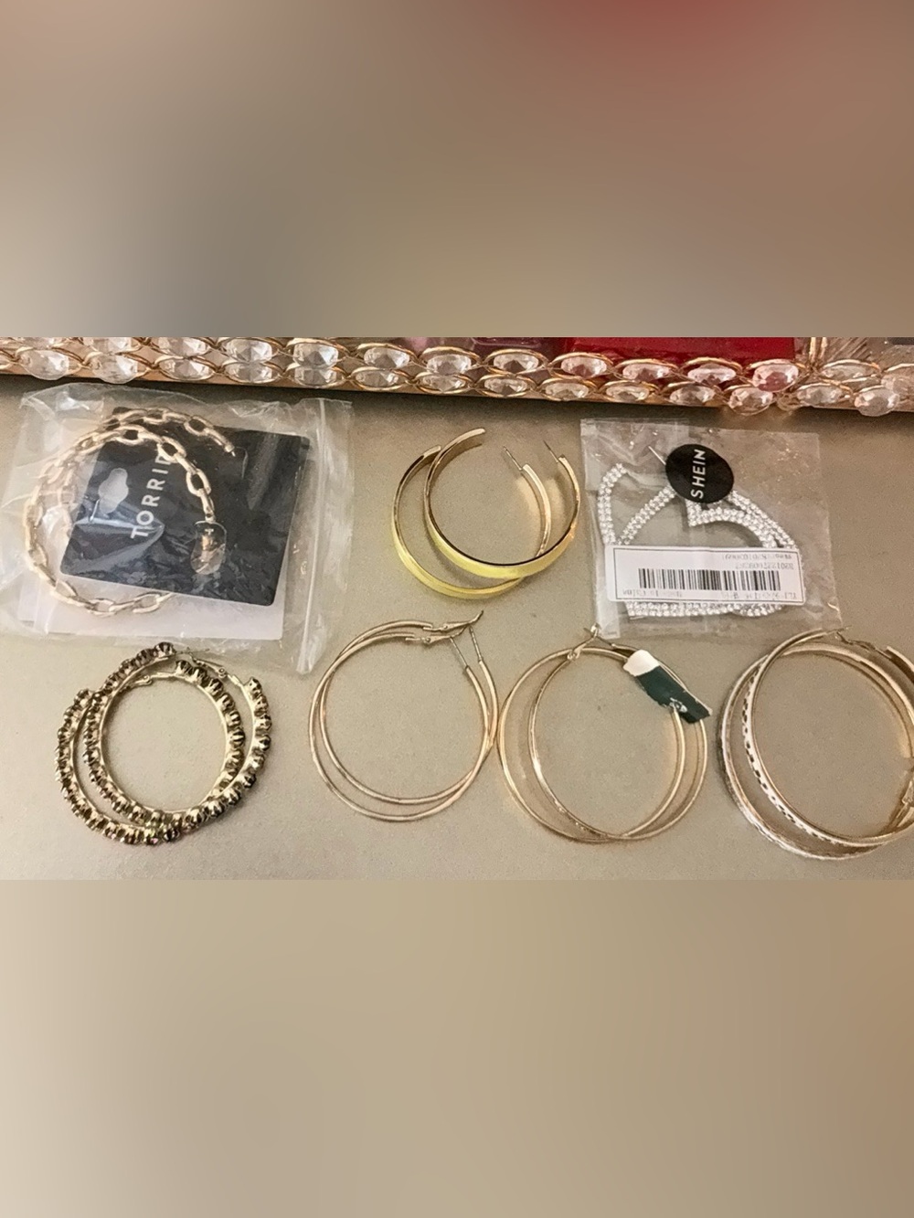 Gold Chain-Link Hoop Earrings with Multicolor Rhinestone Hoops Accent